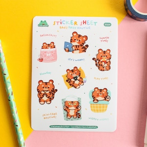 Planche de stickers "Bao's Daily Routine", lot de 14 stickers kiss cut imprimés sur papier vinyle mat, waterproof, illustrés par Ilariapops.