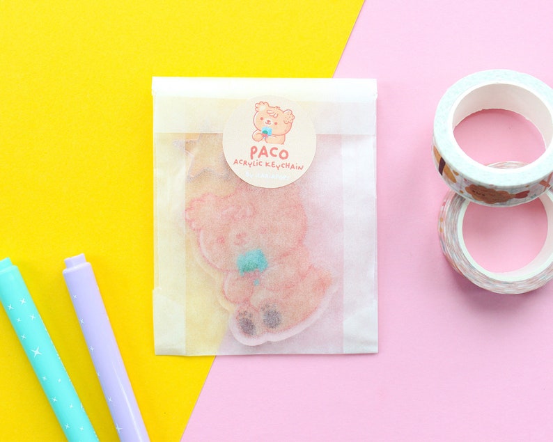 Paco The Bear drinking juice Acrylic Keychain, rose gold start shaped clip, bear character keychain 6 cm image 5