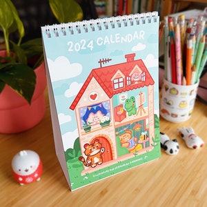 2024 Desk Calendar A5 "Little House Cover", 12 months Kawaii calendar with 13 pages and white spiral binding