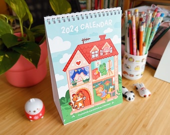 2024 Desk Calendar A5 "Little House Cover", 12 months Kawaii calendar with 13 pages and white spiral binding