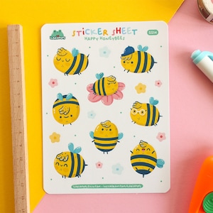 Foglio adesivi "Happy Honeybees", set di 17 adesivi tagliati a bacio stampati su carta vinilica opaca, waterproof, illustrati da Ilariapops.