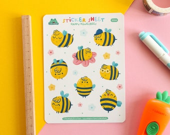 Sticker sheet "Happy Honeybees", set of 17 kiss cut stickers printed on matte vinyl paper, waterproof, illustrated by Ilariapops.