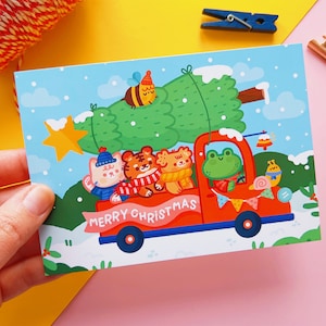 A6 "Giro in auto di Natale con albero" - Carina cartolina natalizia, stampata su carta opaca da 350 g, 105 x 148 mm