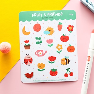 Planner Stickers Cute Fruit and Flowers Set di 19 fogli di adesivi Kawaii per diario impermeabile in vinile opaco