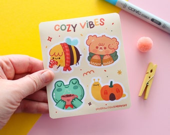 Fall-themed Sticker Sheet "Cozy Vibes", Fall set of 4 Matte vinyl waterproof sticker.