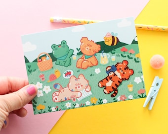 Kawaii Animals Picnic A6 Mini Print, Postcard