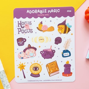 Kawaii Sticker Sheet "Adorable Magic", Set aus 13 süßen Vinyl-Aufklebern, die auf mattem Papier gedruckt und wasserfest sind