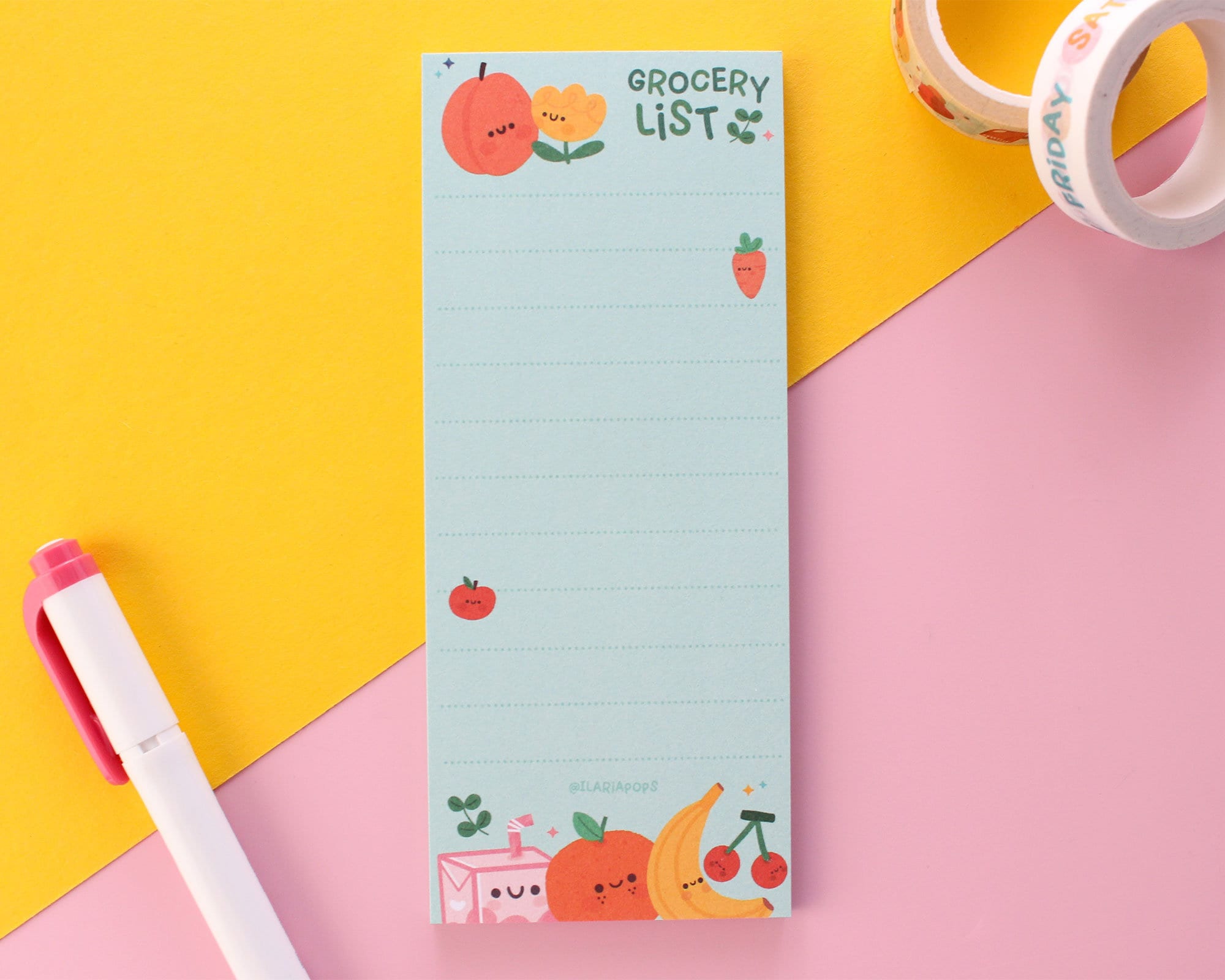 Colorful grocery list notepad with fruit illustrations