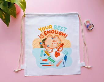 Cute Drawstring Bag with Mango the Rainbow Cat – Your Best is Enough