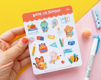 Kawaii Sticker sheet "Back to School", set of 19 cute vinyl stickers printed on matte paper and waterproof