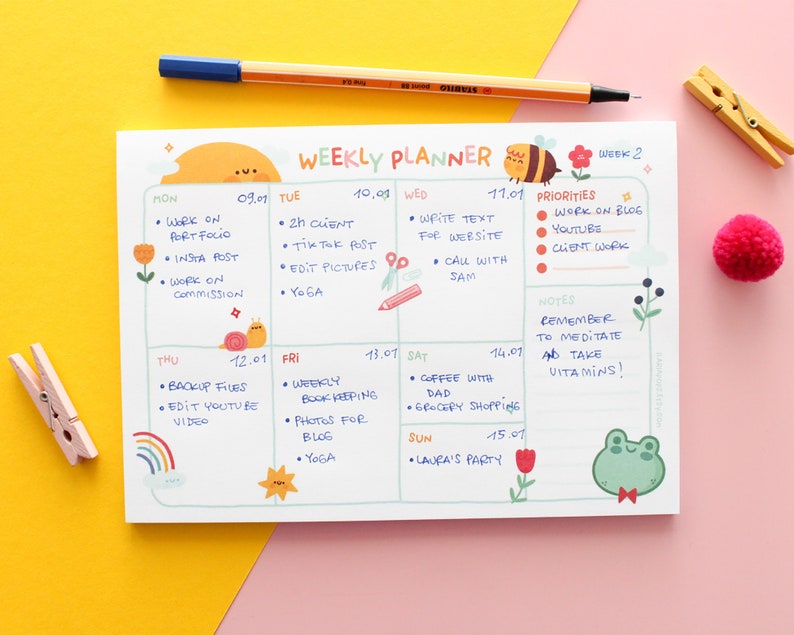 A5 Weekly Planner note pad, 50 tear off sheets. Kawaii Organiser for Planning Your Week image 1