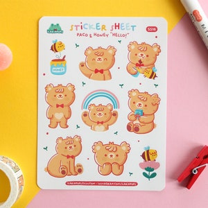 Feuille d'autocollants "Bonjour !" avec Paco & Honey, set de 9 stickers kiss cut imprimés sur papier vinyle mat, waterproof, illustrés par Ilariapops.