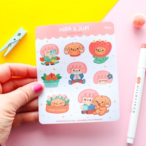 Kawaii Sticker Bogen ""Mira & Jupi", Set aus 8 süßen Vinyl-Aufklebern, auf mattem Papier gedruckt und wasserfest"""