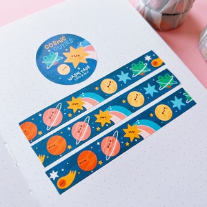 Fita Washi Cosmic Cuties - Embalagem de papel - Padrão de espaço adorável - Fita decorativa divertida e fofa para artesanato e diário
