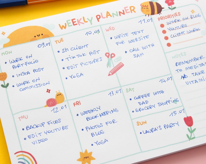 A5 Weekly Planner note pad, 50 tear off sheets. Kawaii Organiser for Planning Your Week image 5