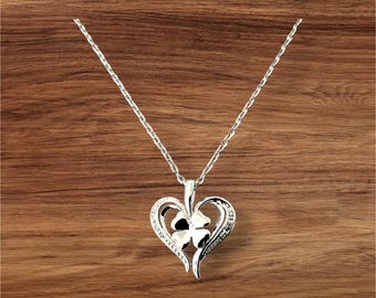 Sterling Silver Heart & Four Leaf Clover Pendant with CZ, Free Chain