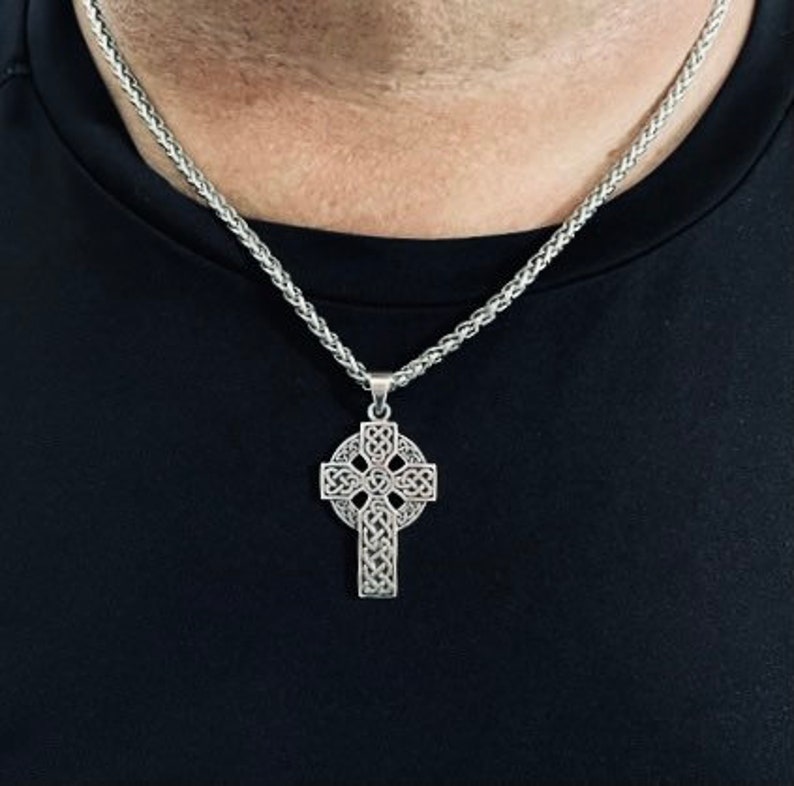 Large Handcast 925 Sterling Silver Irish Celtic Cross Pendant + Free Chain Necklace image 6