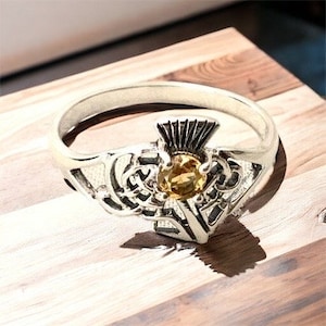 Handcast 925 Sterling Silver Scotland Scottish Citrine Thistle Ring Outlander