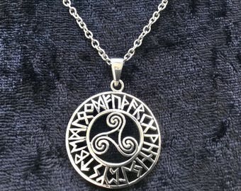 Handcast 925 Sterling Silver Celtic Viking Triskele Triple Spiral Triskelion Pendant Necklace 24 Runes + Free Chain