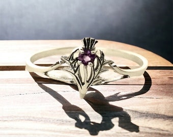 Handcast 925 Sterling Silver Scotland Scottish Thistle Ring Outlander Amethyst
