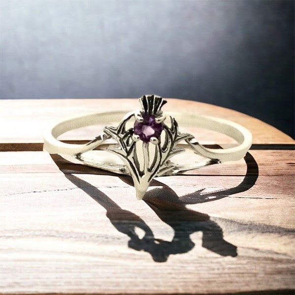 Handcast 925 Sterling Silver Scotland Scottish Thistle Ring Outlander Amethyst