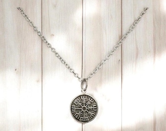 Collar con colgante de brújula vikinga nórdica Vegvisir en plata de ley 925 fundida a mano + cadena gratis