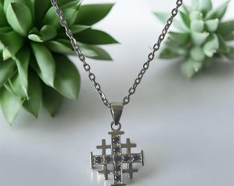 Handcast 925 Sterling Silver Crusader Cross / Jerusalem Cross Amethyst Pendant Necklace + Free Chain