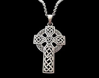 Large Handcast 925 Sterling Silver Irish Celtic Cross Pendant + Free Chain Necklace