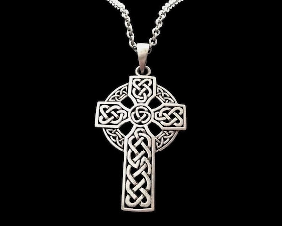 Large Handcast 925 Sterling Silver Irish Celtic Cross Pendant + Free Chain Necklace
