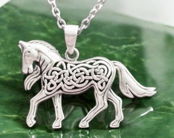 Large Handcast 925 Sterling Silver Irish Celtic Horse Epona Pendant + Free Chain Necklace
