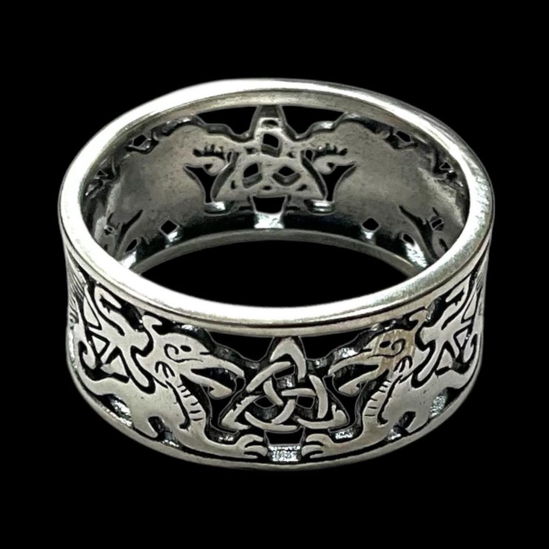 Handcast 925 Sterling Silver Irish Celtic Dragon Trinity Knot Band Ring ...