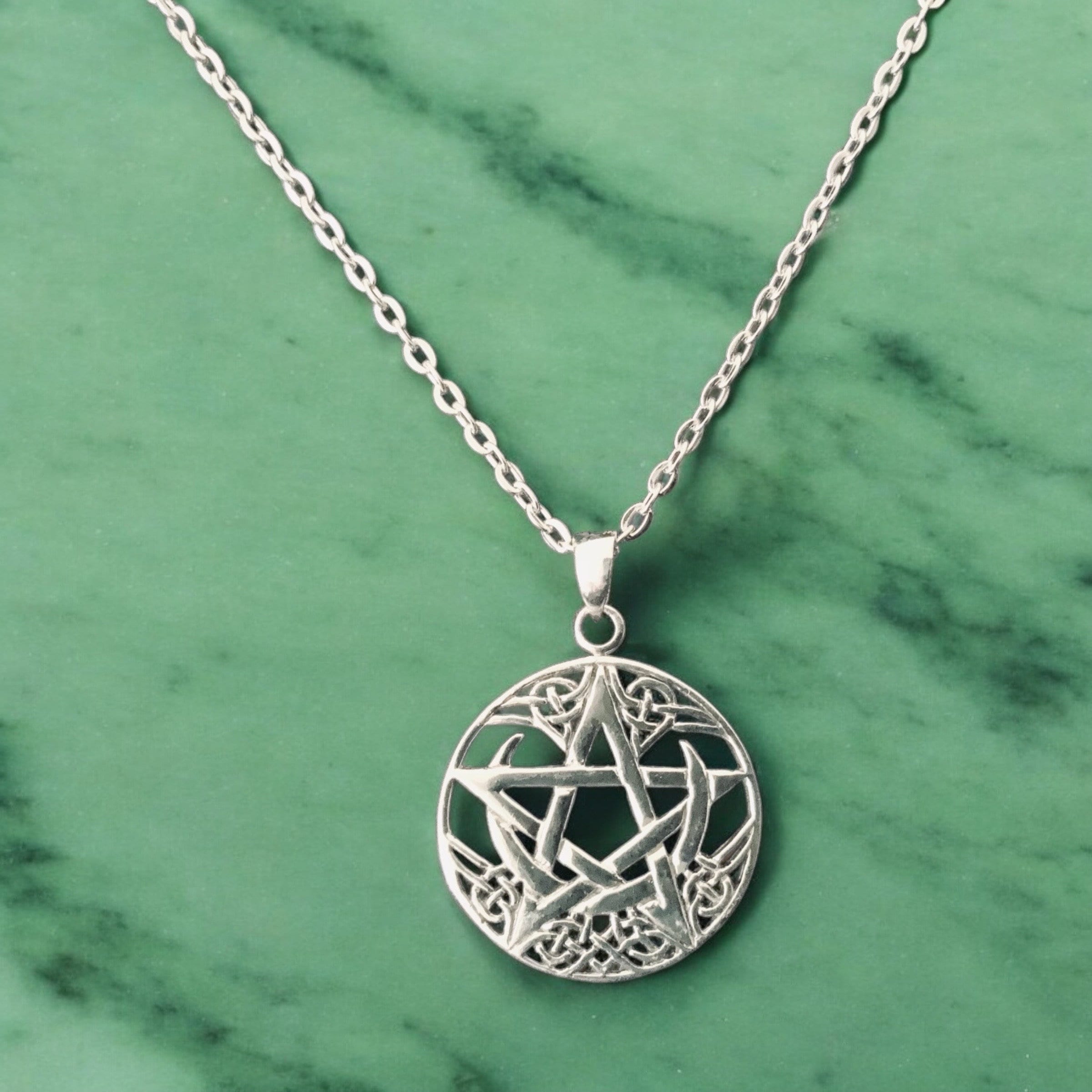 Sterling Silver Celtic Knot Crescent Moon Pentagram Pendant