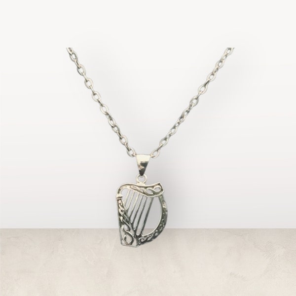 Handcast 925 Sterling Silver Irish Celtic Harp Pendant + Free Chain Necklace