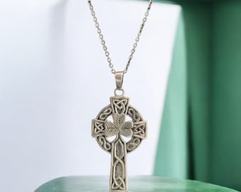 Large Handcast 925 Sterling Silver Irish Celtic Cross Pendant + Free Chain Necklace