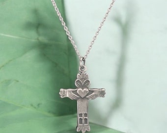 Large Handcast 925 Sterling Silver Irish Celtic Claddagh Claddaugh Cross Pendant + Free Chain