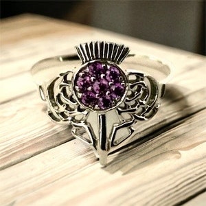 Handcast 925 Sterling Silver Scotland Scottish Amethyst Thistle Ring Outlander