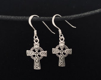 Boucles d'oreilles pendantes croix celtique en argent sterling 925 coulées à la main
