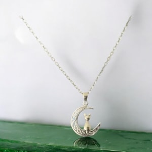 Handcast 925 Sterling Silver Cat on Crescent Moon accented with Celtic Knotwork Pendant + Free Chain