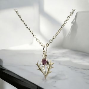 Handcast 925 Sterling Silver Scottish Thistle Amethyst Pendant Necklace + Free Chain Outlander