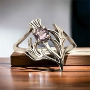 Handcast 925 Sterling Silver Scotland Scottish Thistle Ring Amethyst Outlander