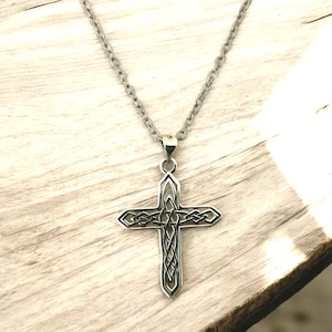 Large Unisex Handcast 925 Sterling Silver Irish Celtic Cross Pendant + Free Chain Necklace