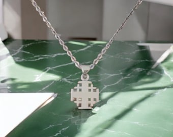 Handcast 925 Sterling Silver Crusader Cross / Jerusalem Cross Pendant Necklace + Free Chain
