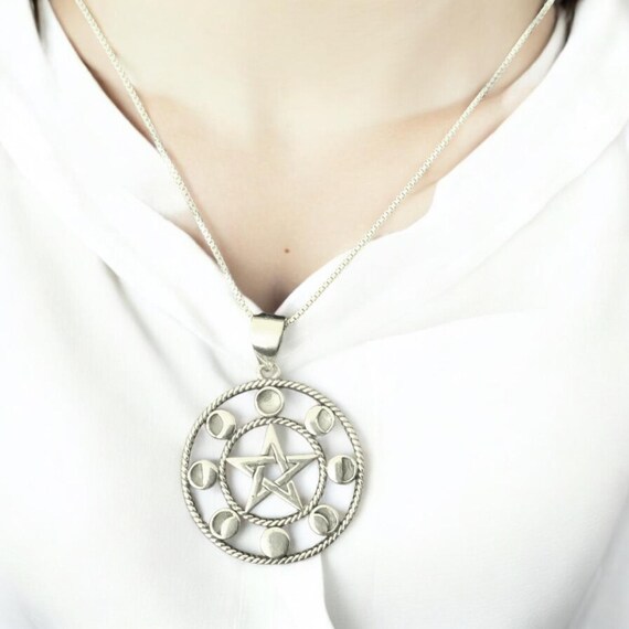 Handcast 925 Sterling Silver Pentacle Pentagram Moon Phases