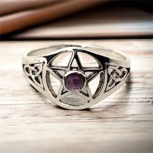 Handcast 925 Sterling Silver Pentacle Pentagram Amethyst Celtic Trinity Triquetra Knot Ring
