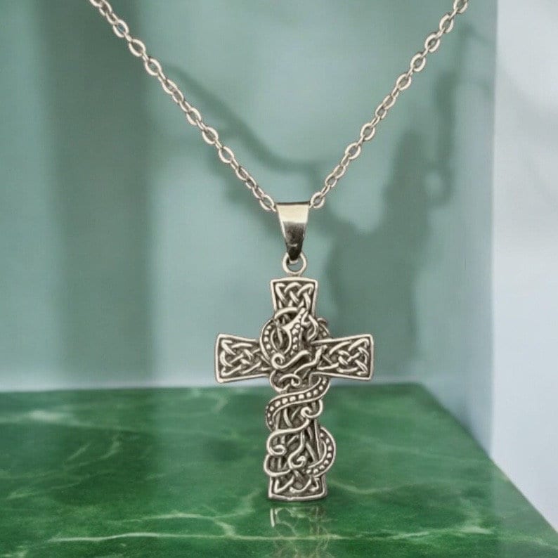 Large Handcast 925 Sterling Silver Irish Celtic Cross Snake