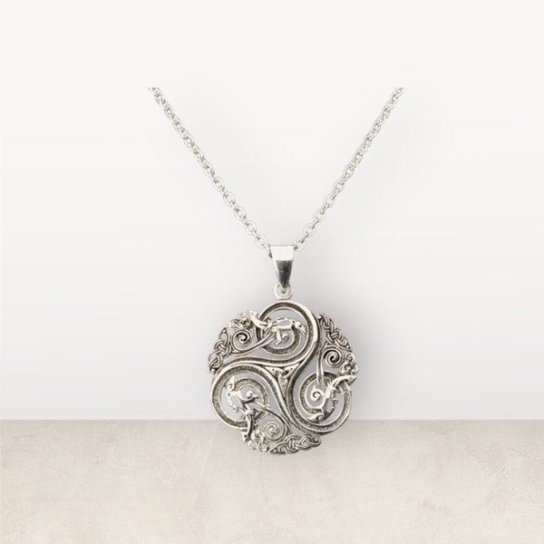 Large Handcast 925 Sterling Silver Celtic Triskele Triple Spiral Triskelion Pendant with entwined Celtic Dragons Necklace + Free Chain