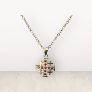 Handcast 925 Sterling Silver Crusader Cross / Jerusalem Cross Garnet Pendant Necklace + Free Chain