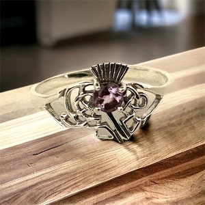 Handcast 925 Sterling Silver Scotland Scottish Amethyst Thistle Ring Outlander