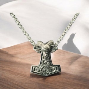 Large Handcast 925 Sterling Silver Norse Viking Ram Ram&#39;s Head Thor&#39;s Thors Hammer Mjolnir Pendant + Free Chain