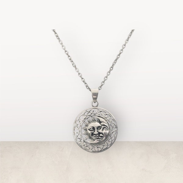 Handcast 925 Sterling Silver Sun Moon Pendant with Celtic Knot Designs + Free Chain Necklace